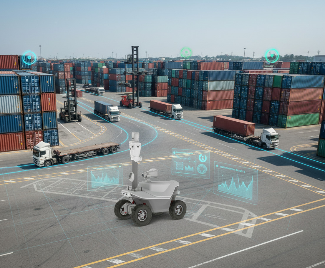 Autonomous robots monitoring a logistics yard and generating AI perception data