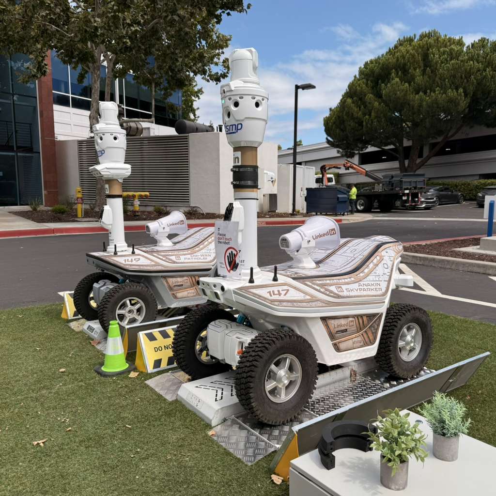 Two Argus S5.3 autonomous mobile robots deployed at LinkedIn headquarters in the United States
